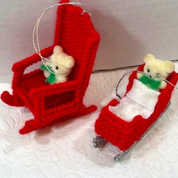 Set of 2 Holiday Crochet Bear Rocking Chair Baby Sleigh Ornaments Handcrafted - Picture 2 of 16